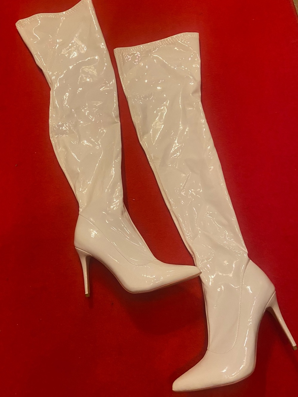 White Patent PU Leather Over-the-Knee Thigh High Stiletto Boots size 9- side zip